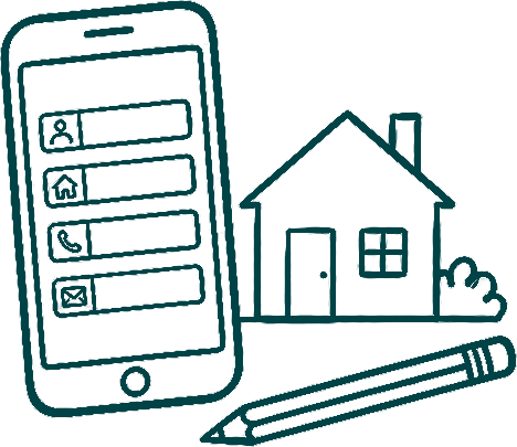 Line drawing of a phone showing the short form next to a small house